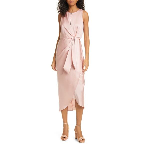 Ted Baker Wrap Front Twist Pink Midi Dress Adjustable Neckline Size 2 Cocktail - Picture 1 of 14